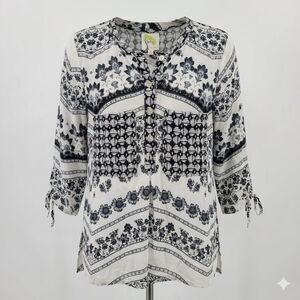 Fig & Flower Paisley Geometric Tunic Blouse Black White Tie Cuff Women's Small